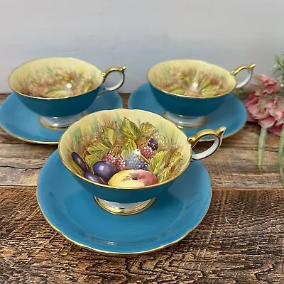 Buy Aynsley England - 3 Cup And Saucer Gold Border Fruit Turquoise Tea Set • 159.32£