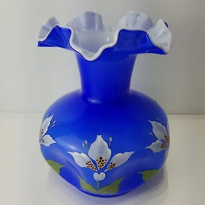 Buy Fenton Blue Art Glass Vase Ruffle SIGNED Kitty Riley Overlay Painted Flowers VTG • 151.14£