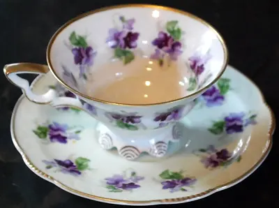Buy Antique Victorian PURPLE VIOLET FLOWERS Footed Teacup & Saucer Set BONE CHINA • 59.85£