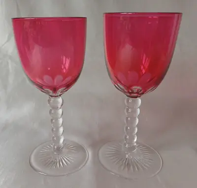 Buy A Pair Of Cranberry Overlay Bowl & Multi Ball Knopped  Stem Wine Glasses E20thC • 55£