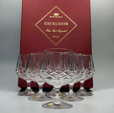Buy 6x Bohemia Excelsior Lead Crystal 12cm Brandy Balloon Glasses - Boxed Vintage • 80£