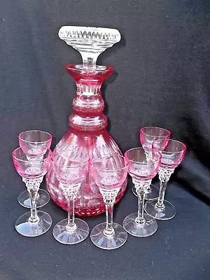 Buy 8 Pc  Cranberry Decanter Set Cut To Clear 7  Cordials & Decanter • 114.32£