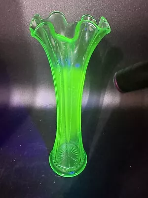 Buy Antique Vaseline Uranium Swung Vase Ruffled Edge Imperial Glass 10in • 57.52£