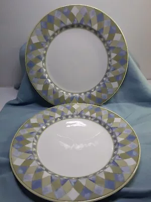 Buy Set Of 2~ ROYAL DOULTON Carmina Dinner Plates~Blue/Green/White Harlequin Pattern • 28.34£