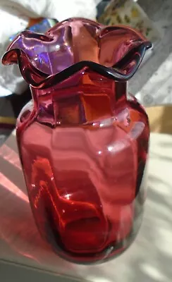 Buy Vintage Cranberry Glass Vase Pontil Mark On Base 7 Inch Tall Good Condition • 12.99£