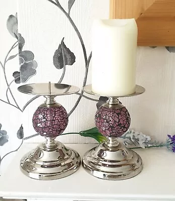 Buy Boho Style Pillar Candle Holders Silver Chrome Pink Mosaic Crackle Glass Globes • 18£