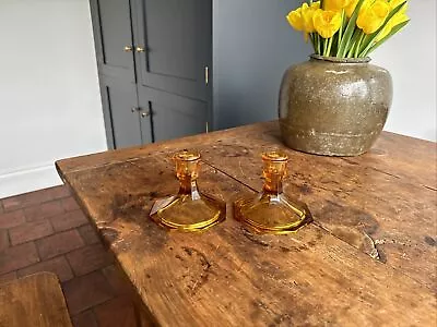 Buy PAIR OF ART DECO STYLE AMBER GLASS CANDLESTICK ROUND DESIGN BASE - Candle Holder • 19£