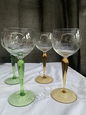 Buy Vintage Bohemian Style Art Nouveau Set Of 4 Glasses, Clear & Green/amber • 40£