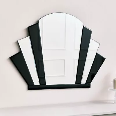 Buy Black Glass Art Deco Arch Fan Wall Mirror 80cm X 60cm Vintage Wall Decor • 82.95£