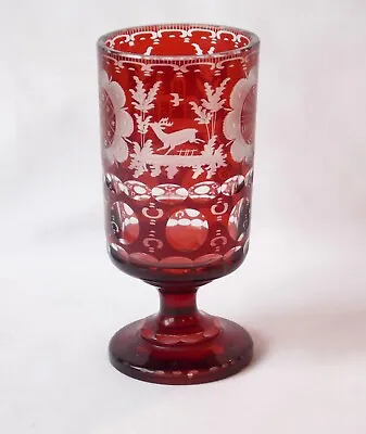 Buy Antique Bohemian Flashed Cut Glass Goblet,  Ruby Red To Clear. Ornate Design. • 19.99£
