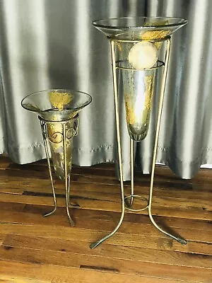 Buy Vintage Glass Crackle Vase Yellow Gold  Leaf Faceted Glass Vase Forged Iron 2 Pc • 472.53£