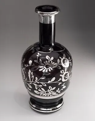 Buy Dark Amethyst Black Glass Bottle Vase, Hand Painted Silver Floral Middle Eastern • 22.60£