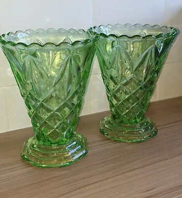 Buy Vintage Art Deco Pair Vases Depression Vaselin Glass Heavy Scallop Edge Hexagon • 32£