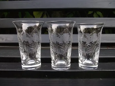 Buy 3 Slightly Graduating Crystal Glass Fern Cut Flare Rim Tumbler Liqueur Glasses • 7£