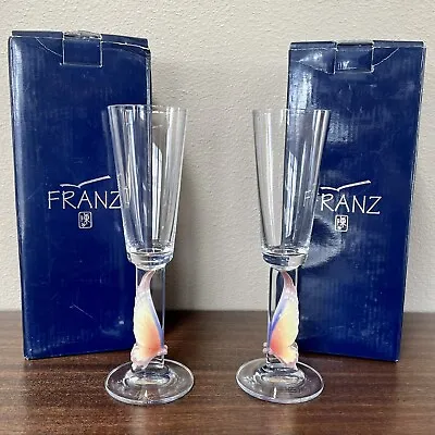 Buy Franz Crystal And Porcelain Fluted Champagne Glasses Butterflies Or Papillon New • 109.52£