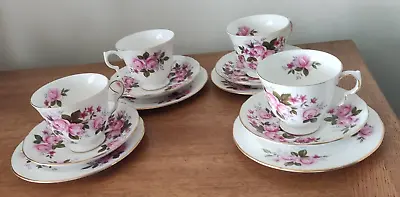 Buy 4 X Vintage Queen Anne Bone China Trios - Cup Saucer & Plate - Pink Roses • 15£