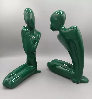 Buy VTG 80s Art Deco Glazed Pottery 9.5  Couple Green Ceramic Artist Signed Figures • 57.73£