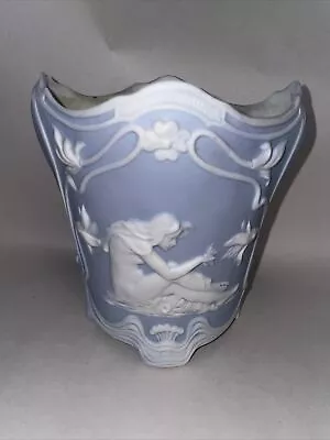 Buy Vintage Jasper Ware Blue And White Plant Pot Holder - Nude Woman & Butterfly • 12.99£