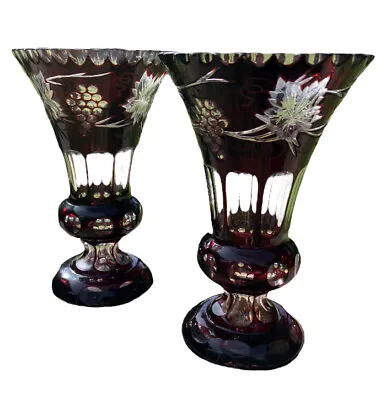 Buy 2 Vintage Bohemian Ruby Red Cut To Clear Glass With Thumb Print Base Vases • 95.09£