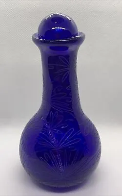 Buy Cobalt BLUE Decorative Vintage Rare Etched Flowers Glass PERFUME Bottle Unique • 19£
