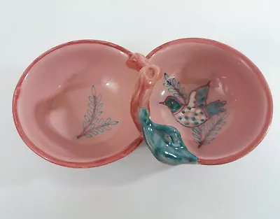 Buy Vintage Italian Art Pottery Pink Double Dish Handle Bird Design Hand Painted • 12.99£