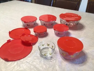 Buy 17 Piece Vintage Clear Glass Nesting Bowls With Lids - Rooster Design 7 Bowls • 24£