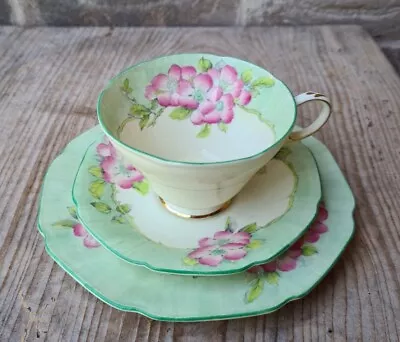 Buy Antique Paragon Tea Cup, Saucer & Plate | Green With Pink Flowers | Queen Mary • 40£