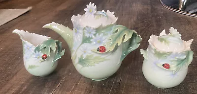 Buy Franz Porcelain Teapot Ladybug/Daisy 6  Sugar Bowl W Lid And Creamer Set • 193.02£