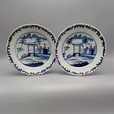 Buy Pair Of 18th C. Blue And White Delftware Plates – Drawbridge Scene • 228.39£
