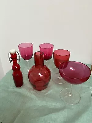 Buy Job Lot Vintage Retro Pink Ruby Glassware Sherry Glasses, Coup, Bottle, Vase • 12£