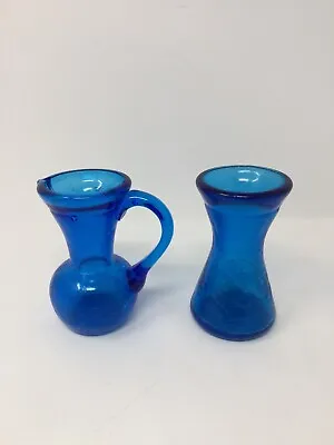 Buy Blue Crackle Glass Miniature 4 Inch Pitcher With Applied Handle & Matching Vase • 12.53£