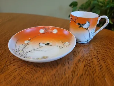 Buy Antique Teacup Saucer Set Orange White Bone China Bird Branch Flower Blossom • 12.30£