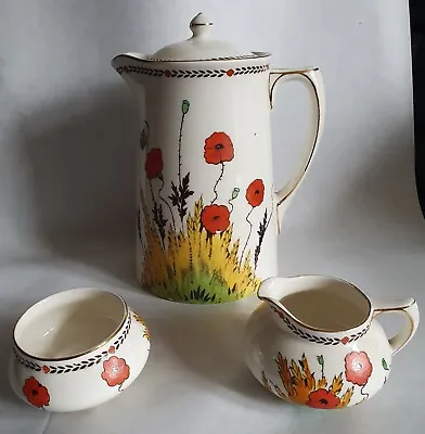 Buy Crown Ducal Ware Coffee Pot, Milk Jug & Sugar Pot Red Poppy Design 1915 • 25£