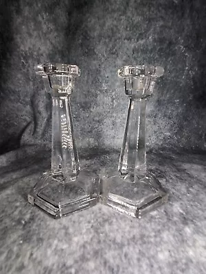 Buy Pair Of Vintage Clear Tall Thick Heavy Crystal Candle Stick Holders Vanity Set  • 9.99£