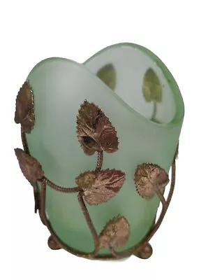 Buy BAGLEYS Green Frosted Glass Vase In Gold Metal Leaf Holder Vintage Art Deco 5  • 14.99£