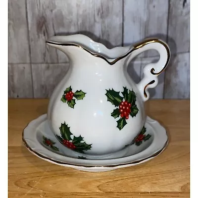 Buy Vintage Lefton Miniature Christmas Pitcher W/ UnderPlate Holly And Ivy Gold Trim • 14.34£