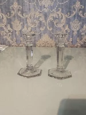 Buy Pair Of Crystal Clear Glass Hexagonal Candlestick Holders Vintage • 35£