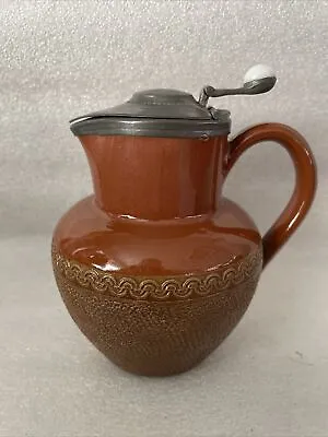 Buy Langley Chocolate Ware With Pewter ? Lid Stoneware Half Pint Syrup Jug C1920 • 23£