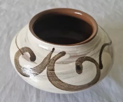 Buy Signed Studio Art Pottery Bowl Vase Brown And Cream Abstract Pattern Pot • 14.99£