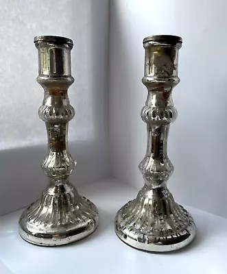 Buy Cox And Cox Pair Silver ‘Antiqued Mercury’ Glass Pillar Candlesticks Rrp £40 • 22£