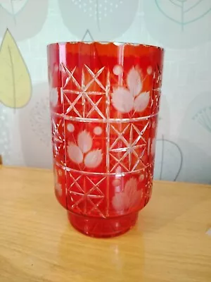 Buy VINTAGE RED CUT TO Clear 19CM VASE Glass Leaf Bohemian? Austrian Crystal?  • 10.99£