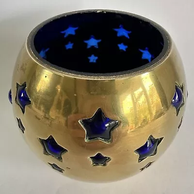 Buy Brass Stars Tea Light Candle Holder Votive Cobalt Blue Glass Lined Blown Bubble • 22£
