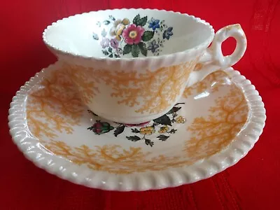 Buy Spode Copeland England Yellow Cup & Saucer 8420 Floral Beaded Edge Transfer-ware • 24.10£