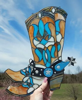 Buy Leaded Stained Glass Cowboy Western Boots Window Hanging Suncatcher Spur & Rowel • 42.52£
