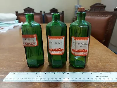Buy Three Antique Green Glass Hair Lotion Chemists' Bottles With Original Labels • 15£