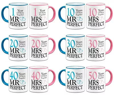 Buy Pair Of Mr & Mrs Perfect Anniversary Novelty Gift Mugs - Blue & Pink • 10.99£