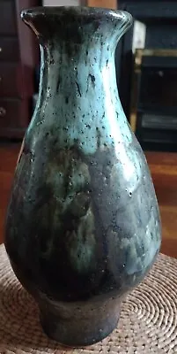 Buy Vintage Studio Pottery Vase Salt Glazed Turquoise And Olive Coloured 10... • 20£
