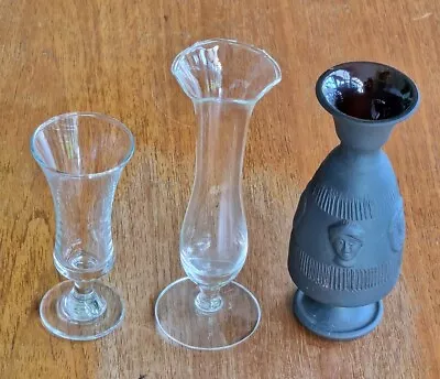 Buy 3 Vintage Bud VASES: 2 Clear Glass VASES 1 Pottery Clay Vase 3 DESIGNS 3 Sizes  • 6£