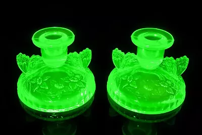 Buy Pair Of Uranium Glass Butterfly Candlesticks. Bright Glow. • 28£