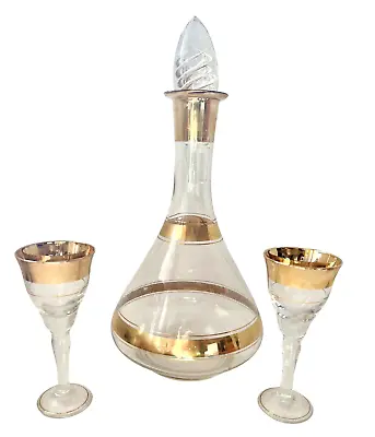 Buy MCM Decanter Set 2 Glasses Glass Gold Band Liquor  Wine Cordials Port Vintage • 47.75£